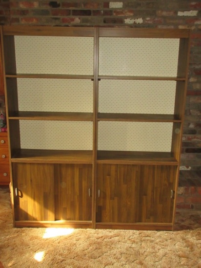 Pair Mid Century Simulated Wood Grain Finish Bookcases w/ Sliding Panel Doors