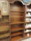 Farmhouse Lighted Bookcase Fruitwood Arched Bonnet Top 2 Glass Shelves Ornate Trim Molding
