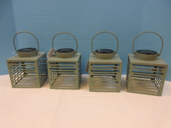New Set of 4 Solar LED Lantern Green Sage Metal Hanging Lantern Modern Slat Design 6"H