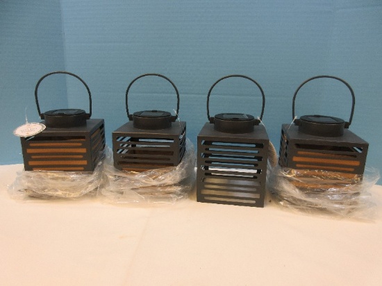 New Set of 4 Solar LED Lantern Gray Matte Metal Hanging Lantern Modern slat Design 6"H
