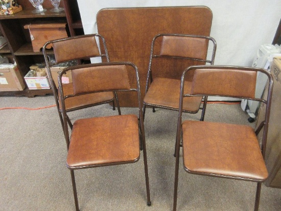 5pc Set Cosco Home Products Brown Metal Frame Folding Card Game Table w/4 Matching Chairs