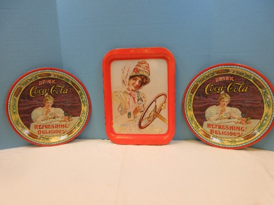 Lot Repro 3 Tin Collectible Coca-Cola Trays Lady Driving & 2 Round 75th Anniversary Ltd Edition