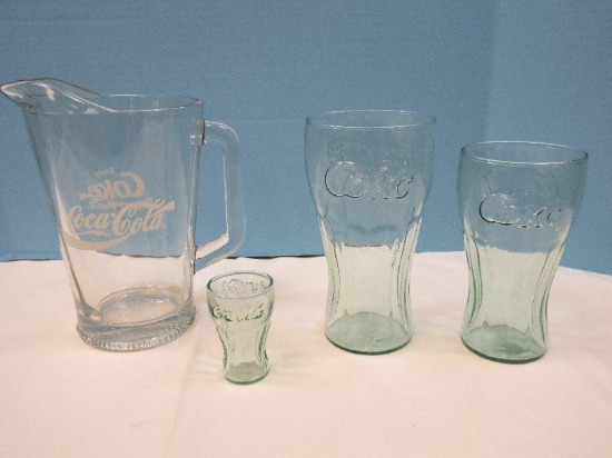 4 Glassware Enjoy Coke/Coca-Cola 9" Pitcher, 3 Green Glass Tumblers 8"/6 3/4"/3"