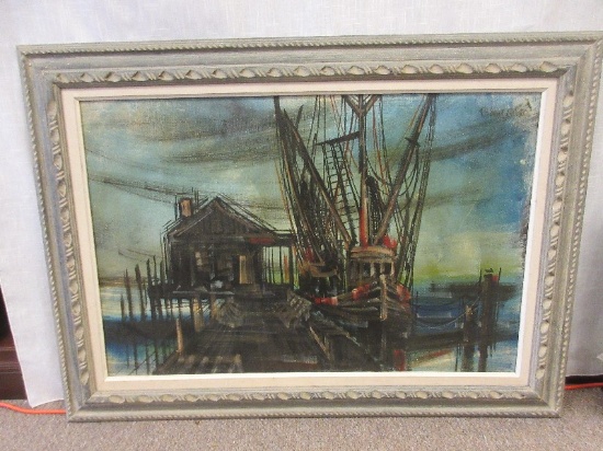 Shrimp Boat Docked Original Artwork on Canvas Artist Signed Top Right in Gray Washed Carved