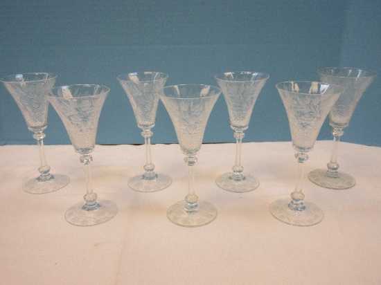 Exquisite Set of 7 Heavily Etched Crystal Floral & Foliage Swag Criss Cross Pattern Faceted