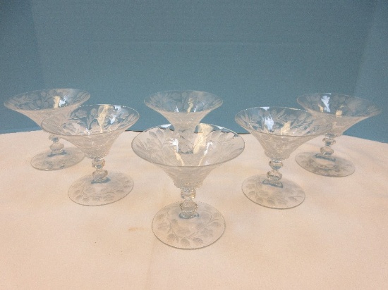 Magnificent Set of 6 Heavily Etched Crystal Floral & Foliage Swag Criss Bross Pattern Stems