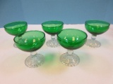 Set of 5 Anchor Hocking Bubble Foot Clear Stem Green Bowl Depression Glass 3 3/4