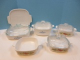 10pcs Corningware Blue Cornflower/Spice of Life Casserole Baking Dishes, Clear Glass Lids &