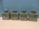 New Set of 4 Solar LED Lantern Green Sage Metal Hanging Lantern Modern Slat Design 6