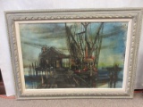 Shrimp Boat Docked Original Artwork on Canvas Artist Signed Top Right in Gray Washed Carved