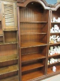 Farmhouse Lighted Bookcase Fruitwood Arched Bonnet Top 2 Glass Shelves Ornate Trim Molding