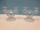 Pair Duncan & Miller Depression Glass Etched Laurel Wreath Pattern Double Candlesticks Blown