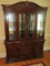 Impressive Traditional Lighted China Cabinet Mirror Back, Glass Shelves, Ornate Pediment on