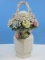 Chinoiserie Semi Porcelain Hexagonal Embossed Flower Panel Basket w/Hand Crafted Floral