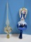 2 Hand Crafted Glass Tree Topper Angel Figure on Cobalt Blue Sphere w/Glitter Stars Accent-