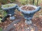 Pair Concrete Estate Ornate Planter Urns Acanthus Leaf Handles, Winged Cherub Faces & Fruit
