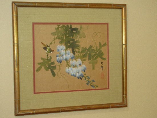 Flycatcher Bird Perched on Flowering Wisteria Vine Original Artwork on Silk In Simulated