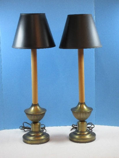 Pair Hollywood Regency Style Candlestick 27 1/2" Banquet End Lamps w/Black Shades