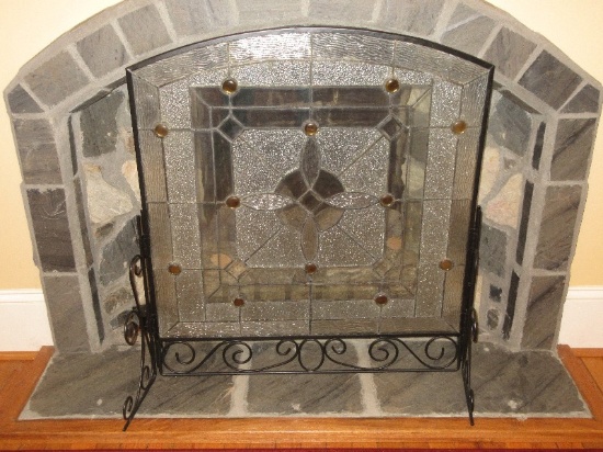 Resplendent Decorative Lead Glass Fireplace Amber Arched Panel Screen Free Stand Black Metal