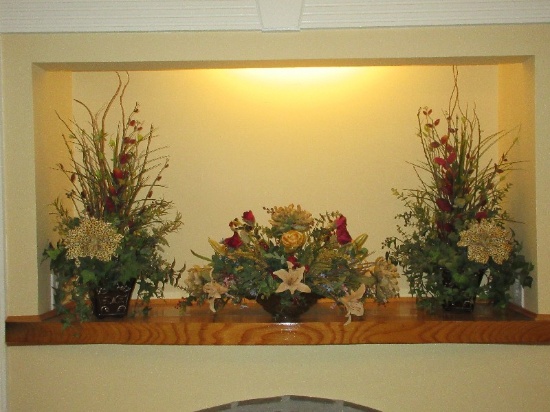 Lot Pair Embossed Tin Cachepot w/Silk Arrangement 32"H & Centerpiece Floral Bouquet