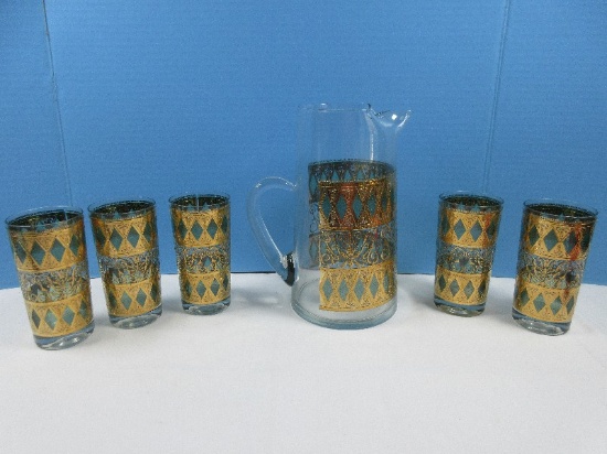 Awesome 6 pc. West Virginia Glass Co. Mid Century Modern Glassware Set Green Diamonds