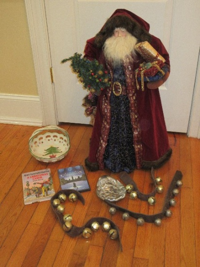 Lot 31" Old World Santa Father Christmas, Aluminum Santa Face Tray Dish, Charming Sleigh Bells