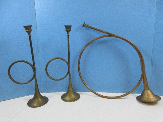 Lot Pair 14" French Horn Brass Taper Candlesticks & D‚cor French Horn Antiqued Patina