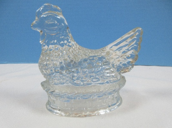 Vintage Pressed Glass Figural Hen on Nest Candy Container by JH Millstein 4 5/8"-Est $30