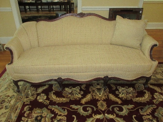 Refined French Inspired Louis XV Style Formal Sofa Carved Mahogany Wood Trim Flower Bud