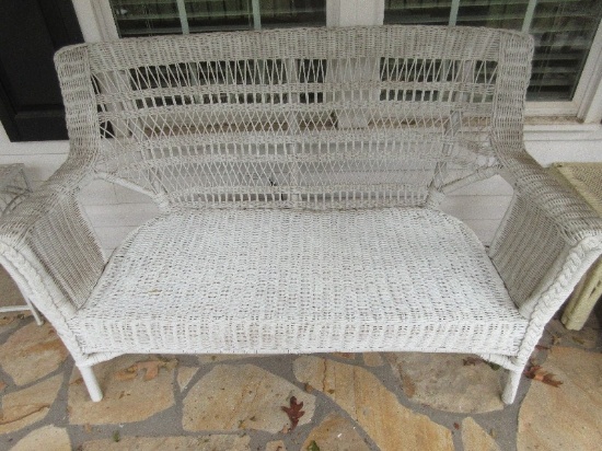 White Wicker Settee w/Arm Rest & Braided Trim Weathered Finish. 35"H x 54"