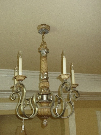 Stately 20th Century Neoclassical Regency Gorgeous Chandelier 5 Scroll Arms Lattice & Acanthus