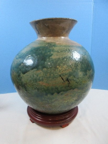 Southern Pottery Signed Joppa Mountain Pottery Dated '08 Bulbous Form 13" Vase Turquoise