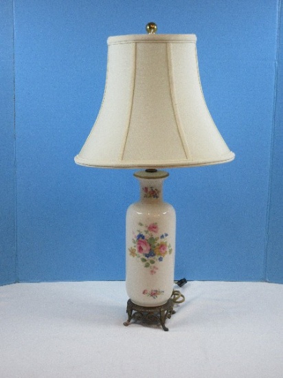 Porcelain Vase Shape 24" Table Lamp on Pierced Metal Footed Base Floral Spray Transfer