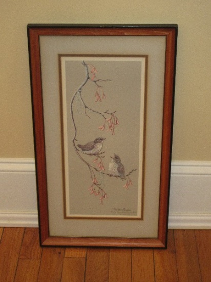 Adorable Pair of Baby Birds Perched on Maple Tree Limb w/Spanish Moss Artist Signed Ann