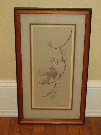 Darling Pair of Baby Birds Perched on Flowering Cherry Limb Artist Signed Anne Worsham