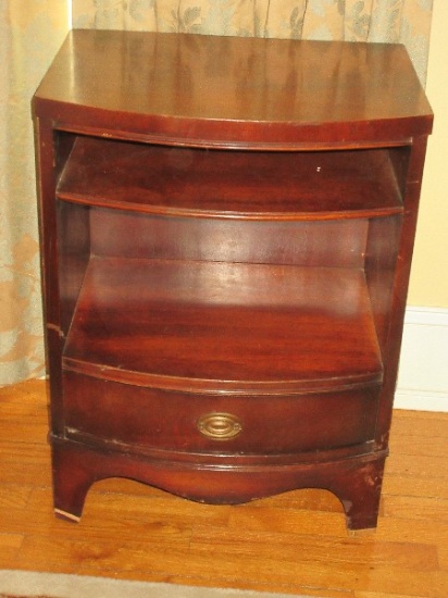 Mahogany Bowfront Nightstand Double Shelves and Base Dovetail Drawer (Some Veneer Nicks