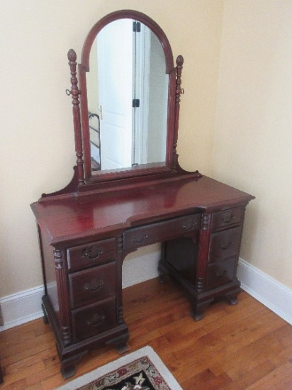 Mahogany Vanity Dresser w/ Attached Arched Frame Mirror, Dovetail Drawers and Demi