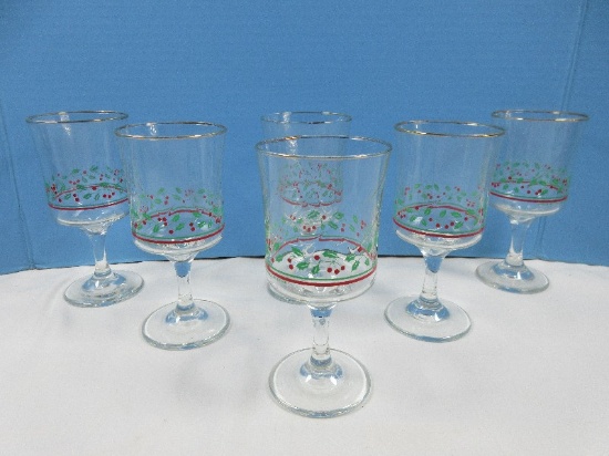 Set 6 Arby's Glassware Christmas Collection Red/Green Holly Swirl optic Gold Trim 6 3/4"