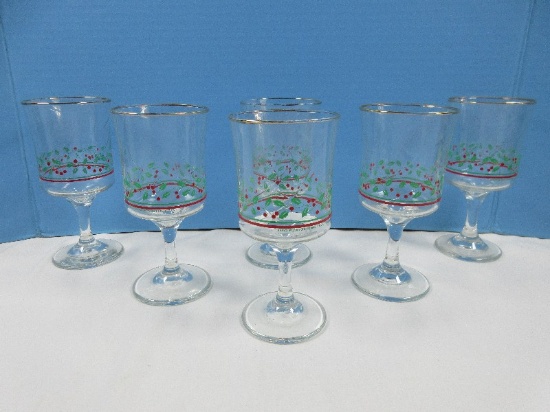 Set 6 Arby's Glassware Christmas Collection Red/Green Holly Swirl optic Gold Trim 6 3/4"