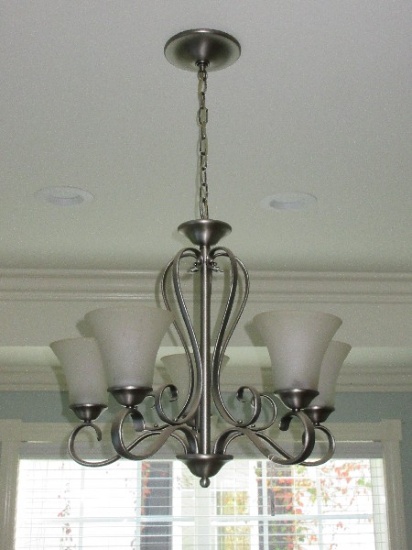 Elegant Transitional 5 Light Chandelier Stylish Brushed Nickel Finish w/White Glass Shades