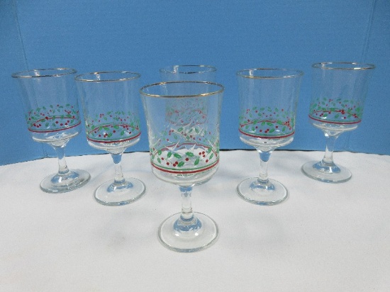 Set 6 Arby's Glassware Christmas Collection Red/Green Holly Swirl optic Gold Trim 6 3/4"