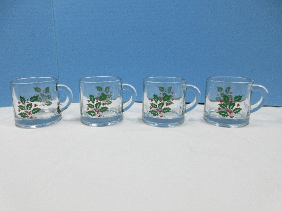 Set 4 Indiana Glass Holly and Red Berries Pattern Barware 2 7/8" Mugs Est: $40