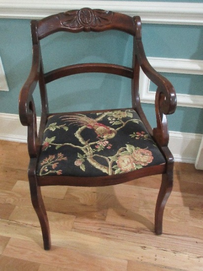 Empire Style Mahogany Scroll Arm Chair w/Carved Medallion Back Upholstered Seat&Saber Legs