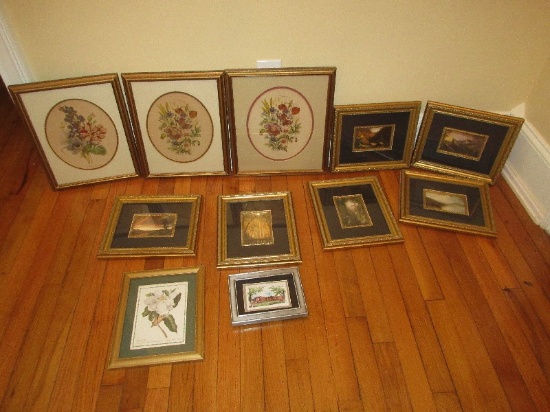 Lot Artwork Prints Set 6 Landscape Scenes Ornate Scrollwork Beaded Trim Frames, 3 Vintage