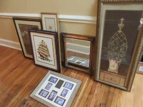 Lot Artwork Prints, Needlepoint Schooner Sailing Ship, Framed Beveled Mirror, Angel Statue