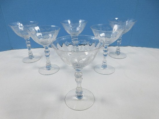 Set 6 Fostoria Crystal Chintz Etched Pattern 5 1/2" Champagne/Tall Sherbet Stem