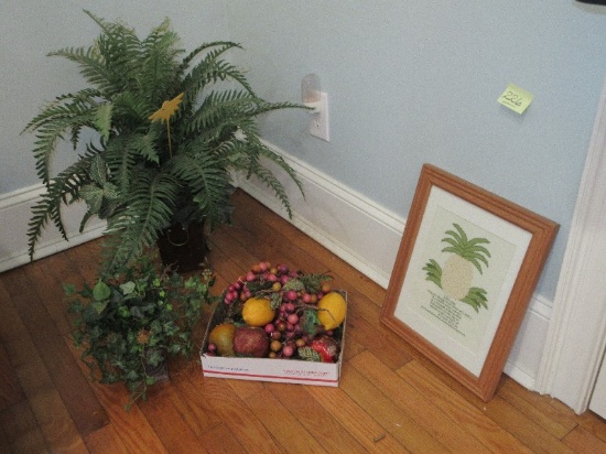 Lot "Welcome" Pineapple Cross Stitch w/Verse, Fern in Tin Planter, Faux Fruit etc.