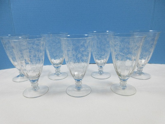 Set 7 Fostoria Crystal Chintz Etched Pattern 6" Footed Iced Tea Goblets Stem #6026 Etch #338