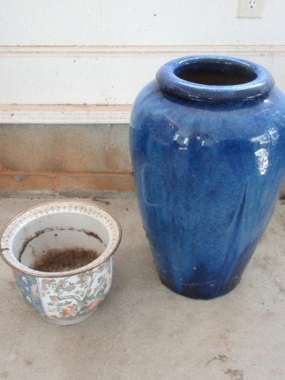 Large 24" Stoneware Garden Jar Urn Royal Blue Drip Glaze & Semi Porcelain Jardiniere Planter