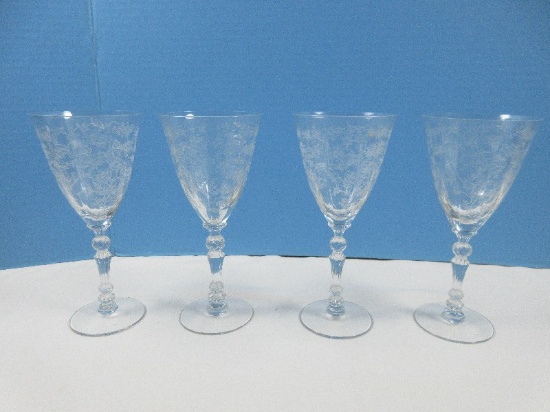Set 4 Fostoria Crystal Chintz Etched Pattern 7 5/8" Water Goblet Stemware (1 w/ Chip on Rim)